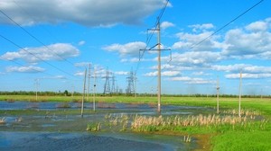 swamp, electricity, high voltage, summer, wasteland, steppe - wallpapers, picture