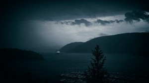 bay, ships, fog, sea, port, dark