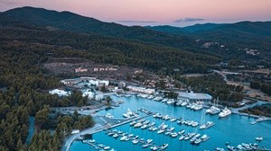 bay, boats, top view, mountains, landscape - wallpapers, picture