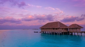 bungalow, ocean, clouds, sunset, tropics