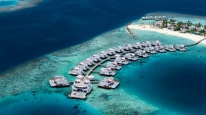 bungalow, ocean, top view, sky, water