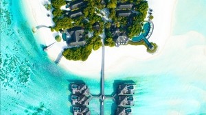 bungalow, top view, ocean, tropics, palm trees