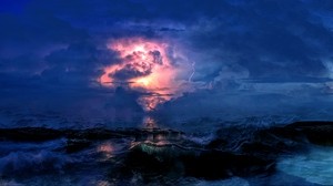 storm, sea, clouds, lightning, waves, cloudy