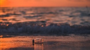 flasche, glas, meer, sonnenuntergang, küste, verschwimmen