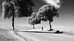 man, road, black and white (bw), loneliness, trees