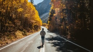 man, road, autumn, walk, loneliness, sunlight - wallpapers, picture