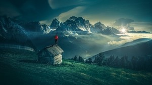 man, mountains, structure, mountain landscape, night - wallpapers, picture