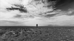 man, field, sky, black and white (bw) - wallpapers, picture