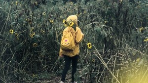 man, field, flowers, backpack, clouds, cloudy