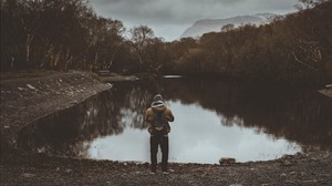 man, the pond, cloudy, trees, gloomy - wallpapers, picture