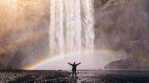 man, rainbow, waterfall, freedom