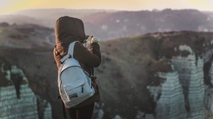 man, tourist, backpack, mountains, travel - wallpapers, picture