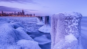 chicago, night city, winter, ice, frost