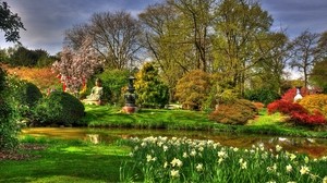 flowers, daffodils, pond, garden, buddha, statues