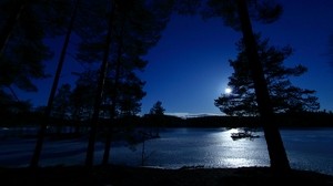 alberi, notte, lago, distanza, cielo, norvegia