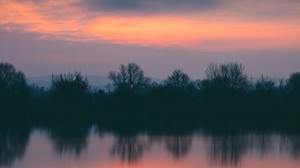 trees, river, sunset, horizon, reflection