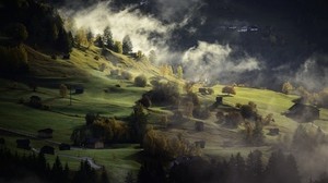 village, hills, fog, dusk