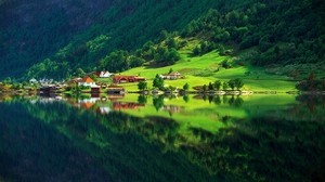 village, mountain, foot, lake, houses, summer, reflection, shore