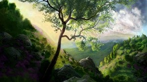 tree, mountains, green, art - wallpapers, picture