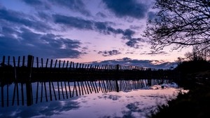 tree, river, fence, reflection, evening