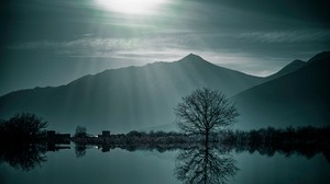 tree, fog, lake, mountains, dusk - wallpapers, picture