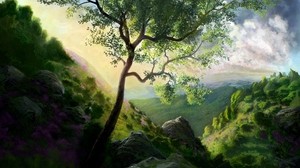 tree, painting, mountains, art, landscape