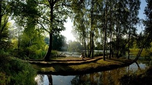 trees, park, river, light, fountain, statue, reflection, cool - wallpapers, picture