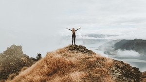 girl, mountains, peak, freedom, grass