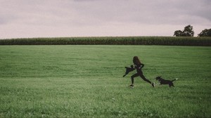 girl, dog, walk, field