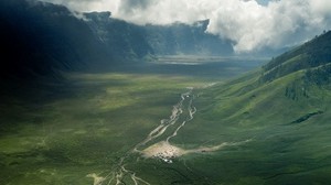 valley, road, top view, hills, clouds, landscape