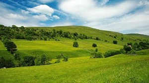 valley, meadows, green, slopes, grass, trees, sky, blue
