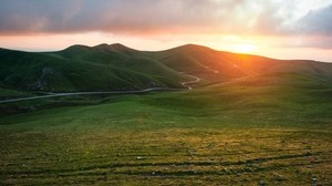 valle, erba, tramonto, sentiero