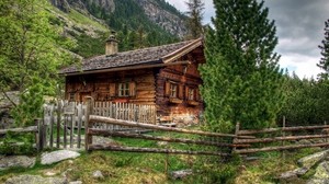 house, austria, alps, wooden fence, landscape - wallpapers, picture