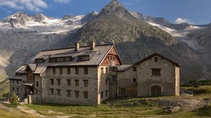 casa, montagne, hotel, costruzione, mezzogiorno, persone