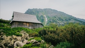 house, mountains, nature, stones, slope