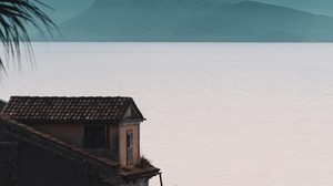 house, sea, mountains, fog, building, shore