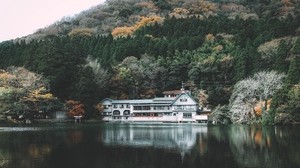 house, lake, shore, hill, trees - wallpapers, picture