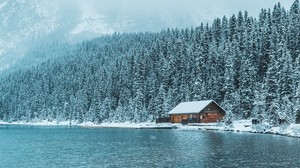 house, lake, mountains, winter