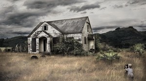 house, field, boy, abandoned, camera