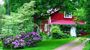 house, garden, yard, flowers, green, door - wallpapers, picture