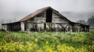 house, barn, abandoned, garden, cloudy