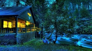 house, light, river, current, trees, star, dusk, porch