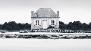 hus, dimma, kust, Frankrike, svartvit (bw), monokrom