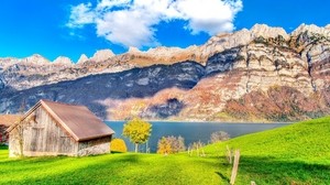 house, mountains, the lake, hedge, bright - wallpapers, picture