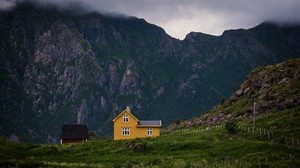the house, mountains, solitude, grass, clouds