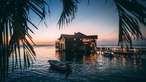 casa, mar, puesta de sol, rama, agua