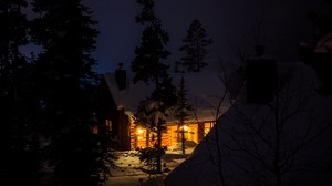 house, night, forest, winter, snow, trees