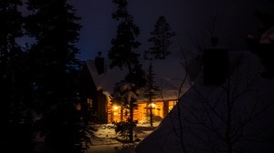 casa, noche, bosque, invierno, nieve, árboles