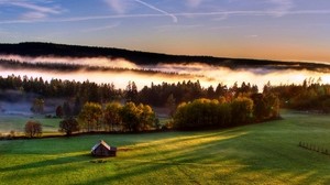 house, lonely, field, open spaces, green, height, forest, distance, view, fog, sky, lines - wallpapers, picture