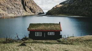 house, lake, mountains, village, Saksun, Faroe Islands, archipelago